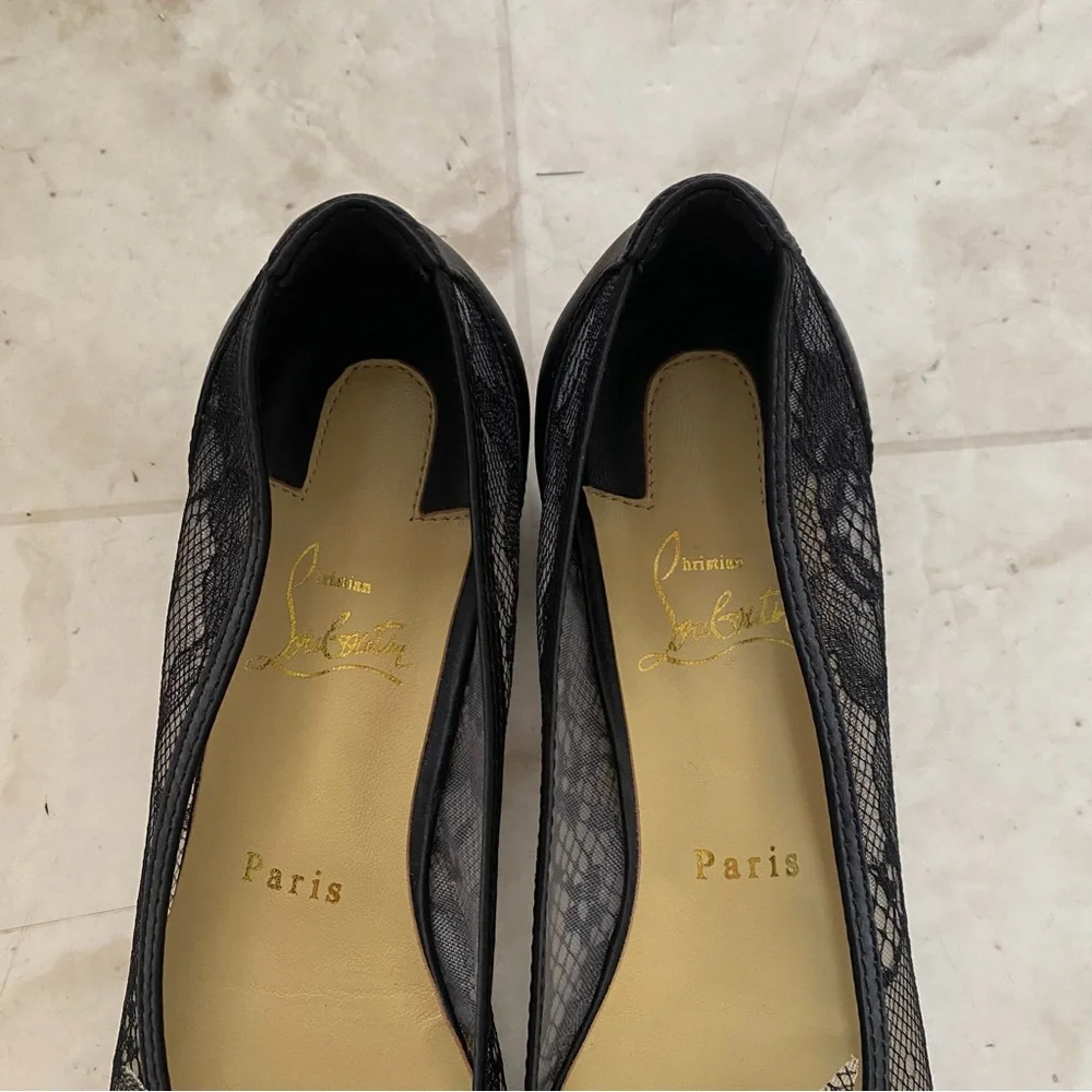 Christian Louboutin Delicatissima Black Satin Lace Pointed Toe Flats Size 8/38
